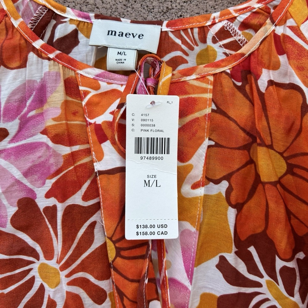 NEW Anthropologie Maeve Kaftan Mini Dress Womens M/L Orange Floral Tie-Neck Boho - Picture 7 of 9